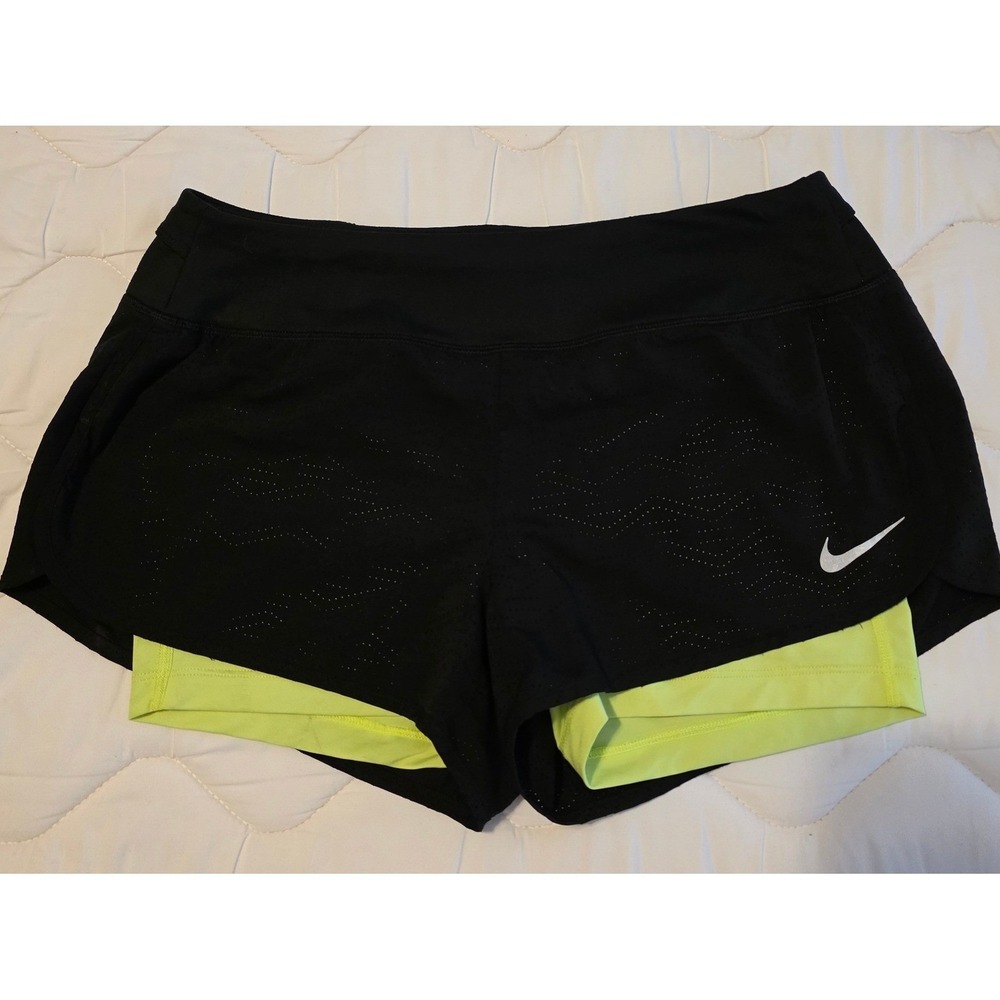 Nike Running Shorts Women M Black/Lime Green Volt 2-in-1 Dri-Fit Athletic Gym